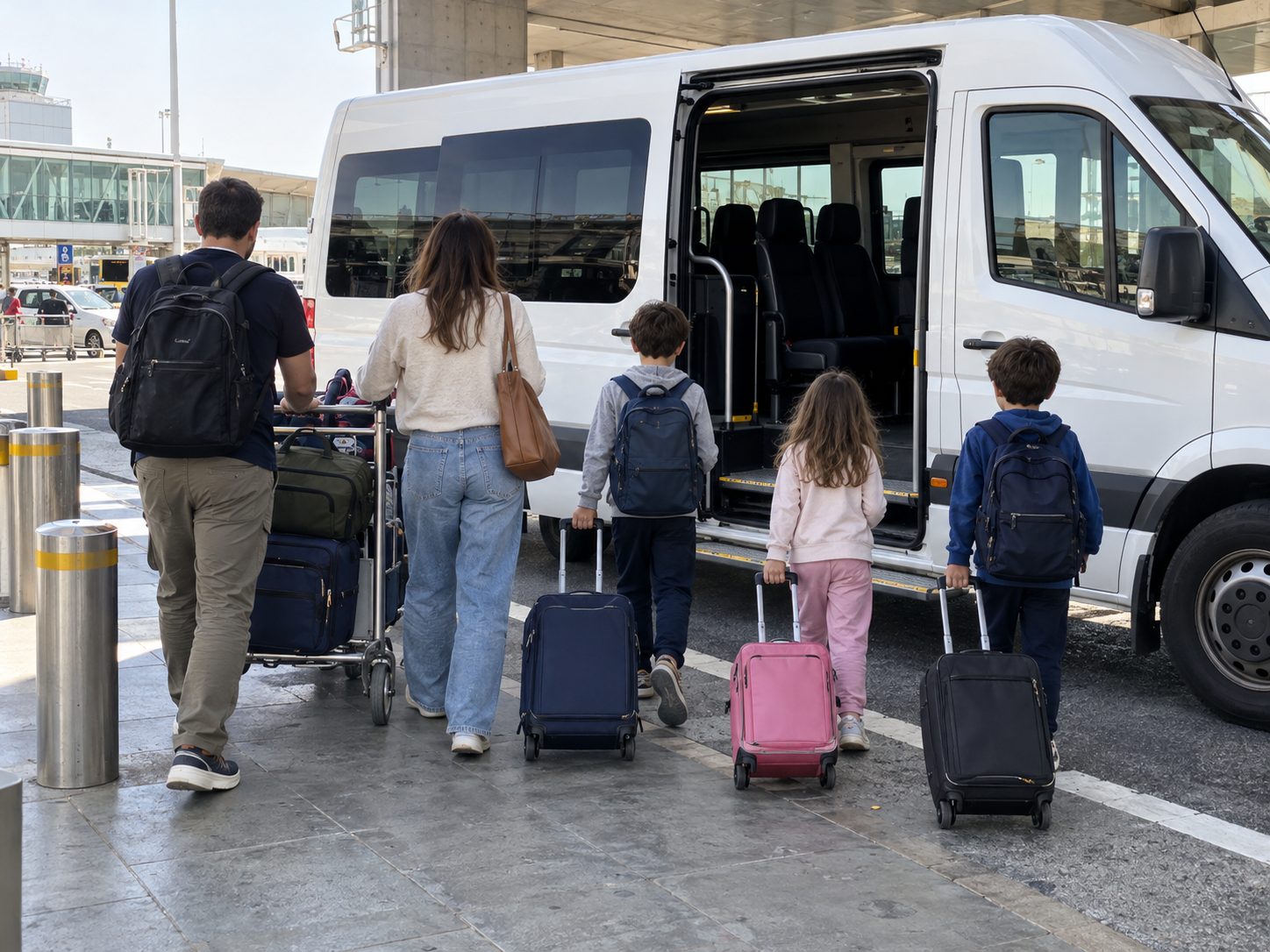 Family with children and suitcases boarding a white minibus at airport arrivals