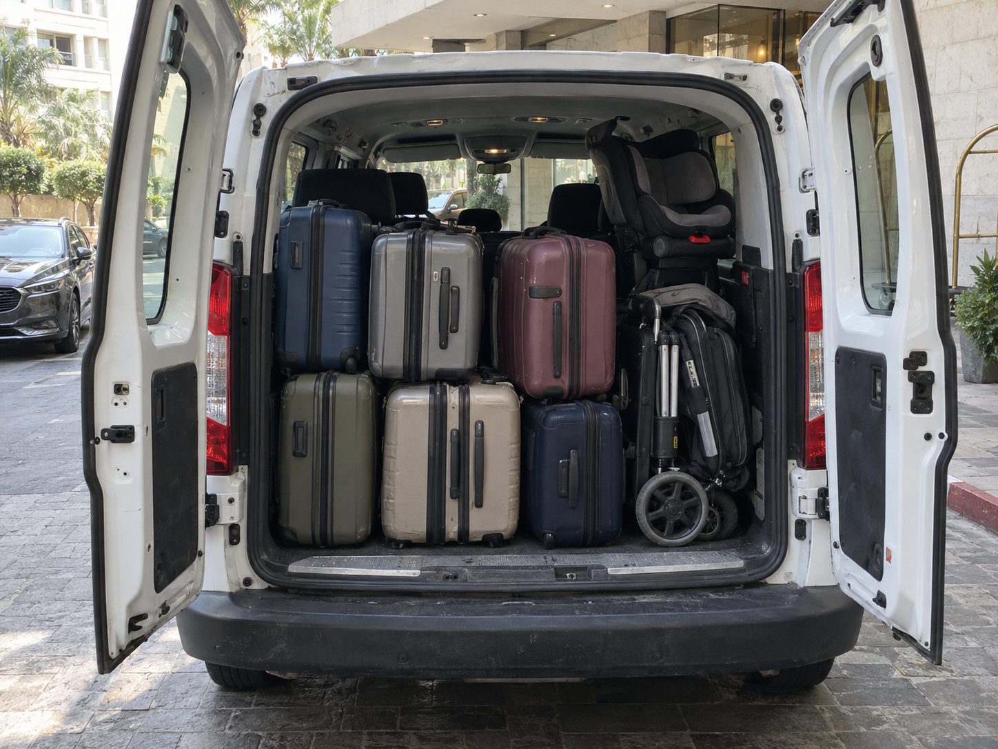Open rear doors of a minibus with family suitcases and a folded stroller inside