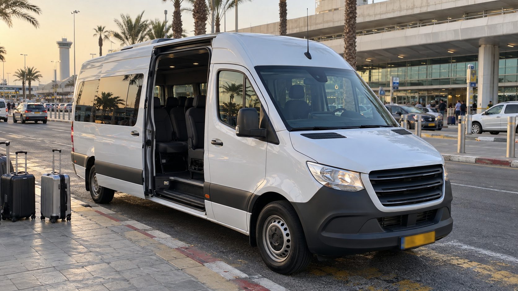 White minibus with open side door at Ben Gurion airport arrivals
