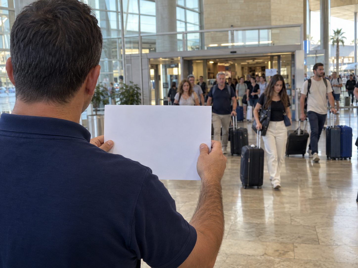 Driver holding a name sign to meet arriving passengers in the airport arrivals hall
